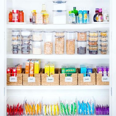 organized small pantry closet divided into categories