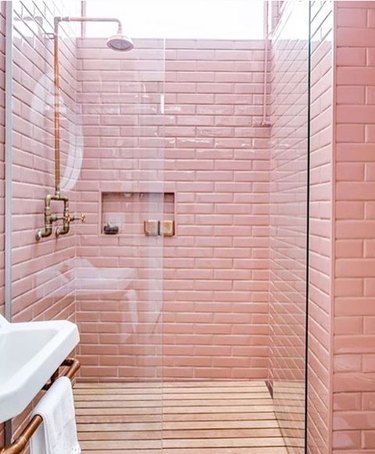 pink bathroom with exposed plumbing and wood floor