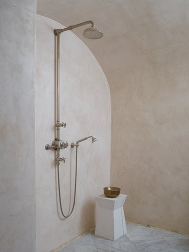 contemporary shower with limewash walls in pink