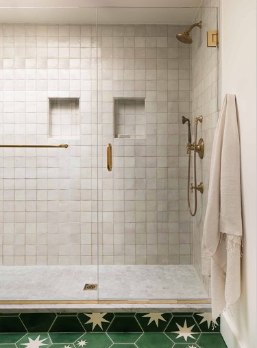 contemporary shower with zellige tiles in neutral color