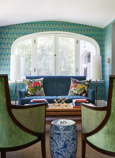 living room wallpaper idea with asian-inspired teal print