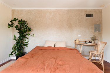 Earthy bedroom with tall plant
