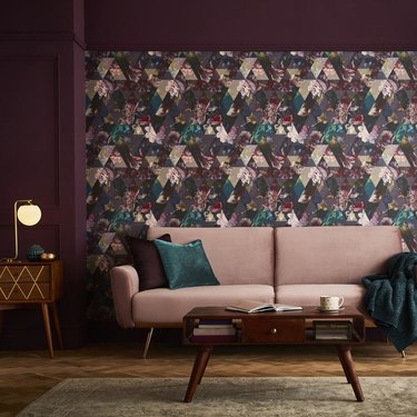 living room with floral wallpaper