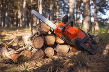 Chainsaw lays on wood chocks in the woods