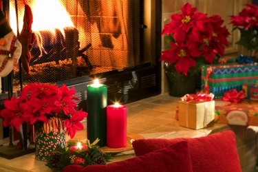 Christmas decorations by fireplace