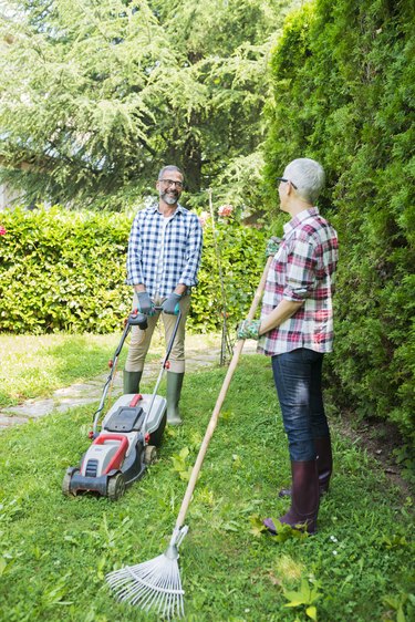 mowing and raking lawn