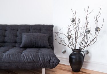 Gray sofa and simple winter decorations