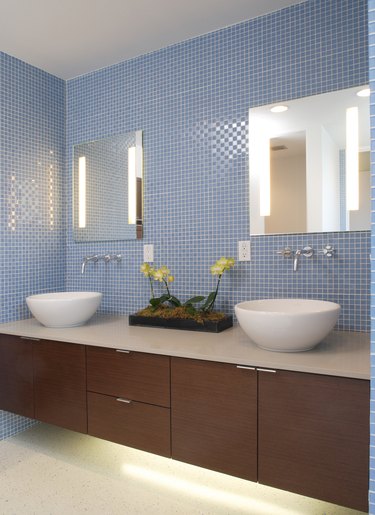 Blue Tile in Contemporary Bathroom with Double Sink Vanity