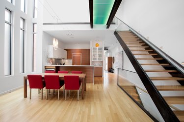 Open plan contemporary living space with staircase.