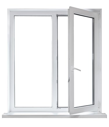 Open white casement window on white background