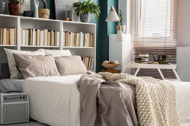 Small beige, white, and aqua bedroom with bookcase headboard, breakfast tray on bed, small houseplants, mini blinds on window.