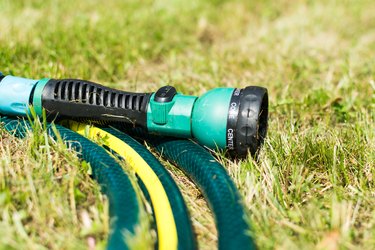 Rings of garden hose and sprayer