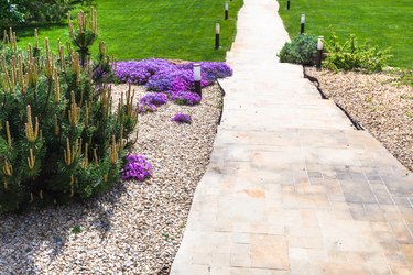 path through alpine garden and sloped lawn