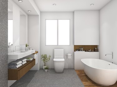 3d rendering wood and tile design bathroom near window