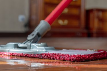 A mop washing a wooden floor in an apartment. Concept of care for the cleanliness of the apartment. Mopping the floor