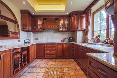 red stained cabinets