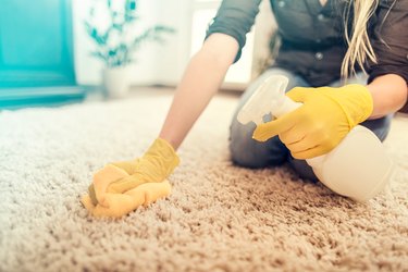 Housewife cleaning carpet.