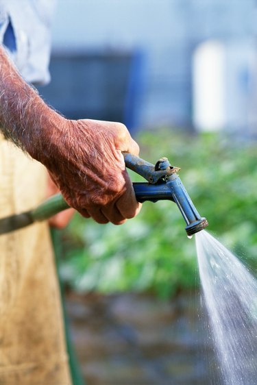 Hand spraying water hose