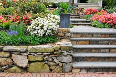 Stone Wall, Steps and Planter on Colorful Garden