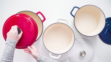 Red, white, and blue enameled cast iron covered dutch oven