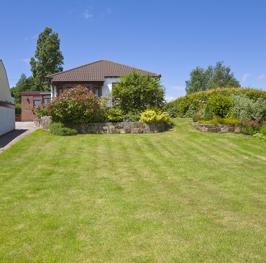 Terraced border of shrubs in large garden and bungalow PR