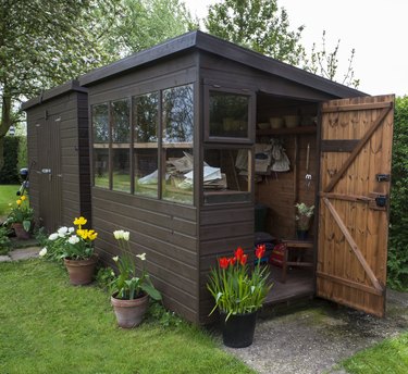 Garden shed exterior with open door, tools, and plants.