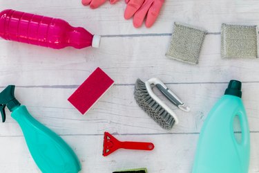 top view collection of cleaning supplies