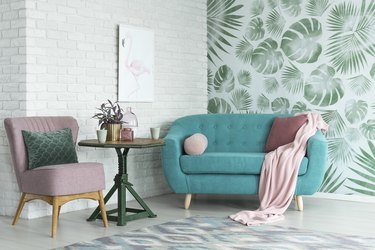 Pink chair and blue sofa