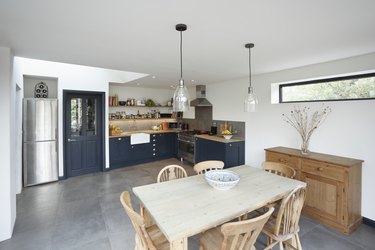 New kitchen and diner extension interior. Built onto the side of a listed historic building.