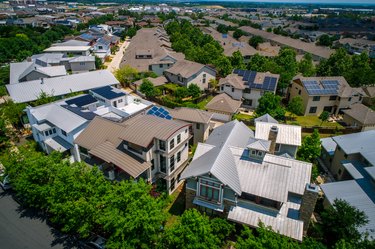 Neighborhood with solar panel rooftops