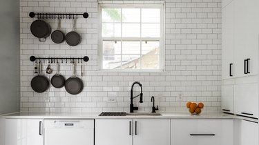 Kitchen sink with hanging pans