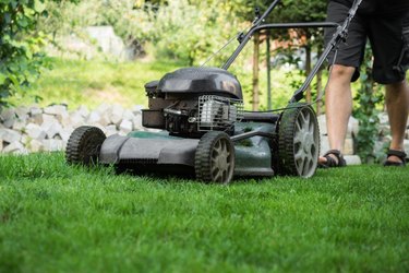 Low Section Of Man Mowing Lawn.