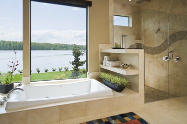 Interior bathroom with view of Columbia River.