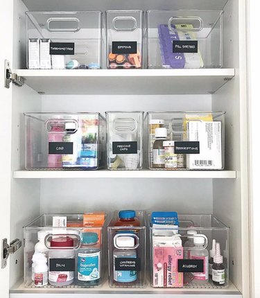 Medicine Cabinet Organization ideas in Medicine cabinet with plastic bins and labels