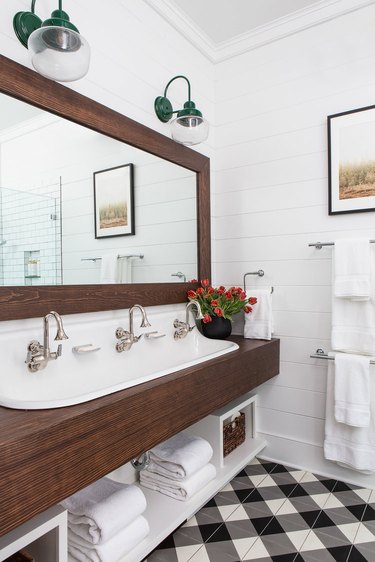 inset trough-style drop in bathroom sink with wood vanity