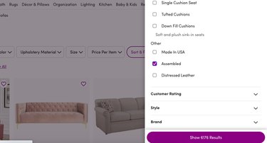 screenshot of online shopping menu side bar