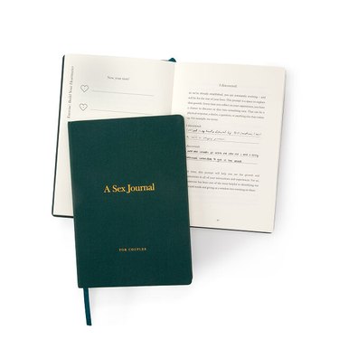 green journal with gold text over open journal