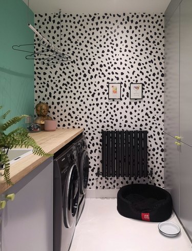 Budget-Friendly Small Laundry Room Ideas in green laundry room with spotty mural and clothes hanger