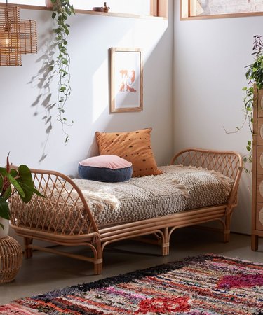 Small Space Daybed Ideas with Rattan daybed, pillows, plants, art, rug.