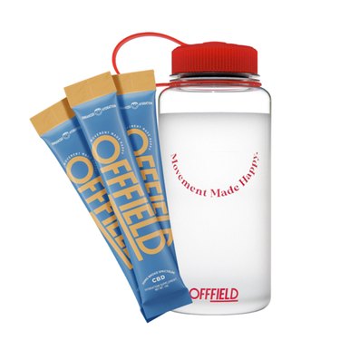 blue and orange hydration packets and clear water bottle with red top