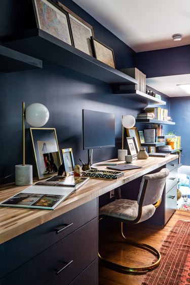 Midcentury modern home office with blue walls and midcentury desk lamps