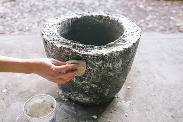 Applying plain yogurt to hypertufa planter with a sponge