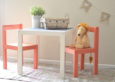 IKEA lack table and chairs with teddy bear