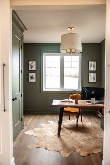 Green home office with rust colored chair and natural hide