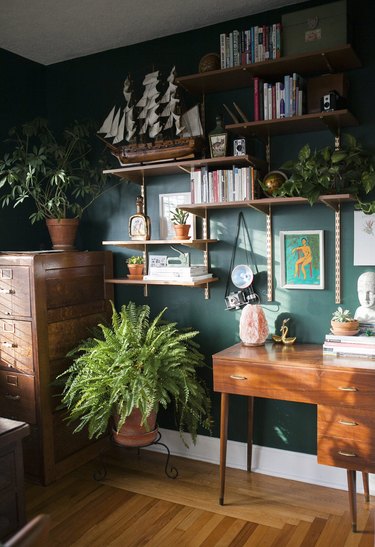 Green home office with vintage pieces on open shelving