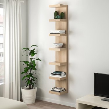 Bookshelves for Small Spaces with Light wood modern book case, plant, books.