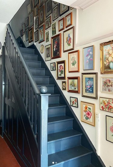 Stair and Hallway Gallery Wall Ideas with prints, art, painted stairs.