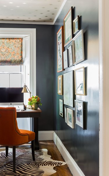 traditional home office with blue and orange palette