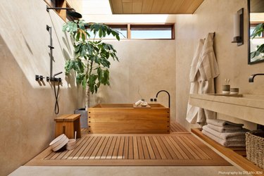 Bathroom Trends 2021 japandi style bathroom with wooden bathtub