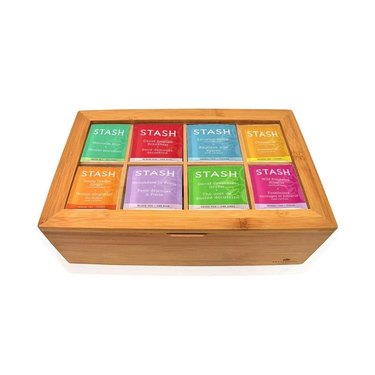 colorful tea bags in wooden box